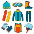 Vector linear snowboard equipment colored icons set. Winter sport activities icons in flat style. Royalty Free Stock Photo