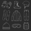 Vector linear snowboard equipment icons set.