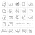 Vector linear tablet icons set with hand gestures and pictograms