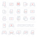 Vector linear tablet icons set with hand gestures and pictograms