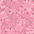 Vector lineart skirts, glasses and bags seamless pattern on pink background