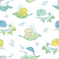 Vector lineart snails on leaves seamless pattern