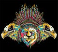 Lion in the colored Indian roach. Indian feather headdress of eagle on black background Royalty Free Stock Photo