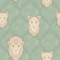 Vector Lion Family on Sage Green Flowerly Tiles seamless pattern background. Perfect for fabric, scrapbooking and