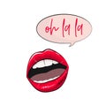 Vector lips stickers. Fashion glamour pink lips labels. Beautiful set with oh la la tag, kiss me quote, xoxo text, love you s