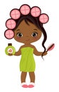 Vector Little African American Girl Wrapped in Towel and Curling the Hair. Vector Spa Girl Royalty Free Stock Photo