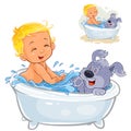 Vector little baby taking a bath with his dog and sprinkling water on it