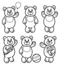 Vector little bears cartoons, black silhouettes. Cute Teddies for kids coloring.