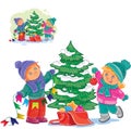 Vector little boy and girl decorating a Christmas tree with balls and garlands. Royalty Free Stock Photo