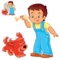 Vector little boy holding a bone in his hand and playing with his puppy. Royalty Free Stock Photo