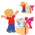 Vector little boy opened a gift box and saw a puppy sitting there.