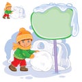 Vector little boy rolling a snowball and building a snow fortress