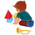 Vector little boy sitting on the floor and playing with baby cubes