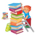 Vector little boy is standing on the ladder and stacking books with a pile. Royalty Free Stock Photo