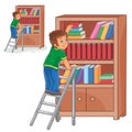 Vector little boy standing on the ladders and stacking books in a bookcase. Royalty Free Stock Photo