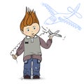 Vector little boy with a toy airplane. Boy playing and dreaming