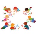 Vector little boys and girls draw with colored pencils.