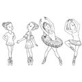 Vector little cute ballerina in graceful poses, ballet dancer. print for clothes and cards. Coloring page. Isolated on a