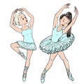 Vector little cute ballerina in graceful poses, ballet dancer. print for clothes and cards. Isolated on a white