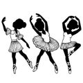 Vector little cute ballerina in graceful poses, set ballet dancer. print for clothes and cards. Black contour figure