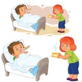 Vector little girl brought a hot drink to a little sick boy lying in bed. Royalty Free Stock Photo