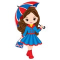 Vector Little Girl Holding Umbrella and Handbag with British Flag Print Royalty Free Stock Photo