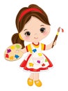 Vector Little Girl with Palette and Paint Brush. Vector Little Artist