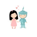 Vector little knight and little princesse holding hands. Royalty Free Stock Photo