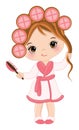 Vector Cute Little Spa Girl with Rollers and Hair Brush. Vector Spa Girl