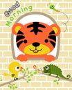 Vector of little tiger cartoon in the window with bird, dragonfly and chameleon on tree branches