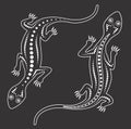 Vector lizard. Aboriginal art lizard, Black and white lizard art.