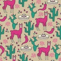 Vector llama seamless pattern in green and pink