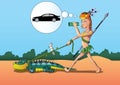 Vector llustration young man in dreams of a car and his animal iguana. Eps filey.