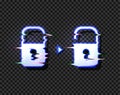 Vector Lock and Unlock Glowing Icons with Glitch Distortion Effect Isolated, Hacking Concept Illustration. Royalty Free Stock Photo