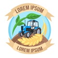 Vector logo for agriculture company. Blue tractor on field during cultivation inside circle of wheat and plant with flags around Royalty Free Stock Photo