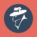 Vector logo with a cat detective in a suit and hat white silhouette on a black background Royalty Free Stock Photo