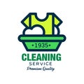 Vector logo for cleaning company. T-shirt and plastic basin with foam. Laundry service. Simple icon in linear style with