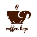 Vector logo of cup mug shaped elephant silhouette for coffee tea cafe.