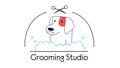Vector logo with a cute dog in a bubble bath. Pet logo for grooming studio with scissors. Ways to care for dogs. An illustration