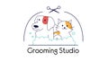 Vector logo with a cute dog and a cat in bubble bath. Pet logo for grooming studio with scissors. Ways to care for dogs and cats.