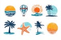 Vector logo design with beach icons sun waves starfish and palm tree Ai illustration Royalty Free Stock Photo
