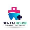 Vector logo design illustration for dental clinic healthcare house home dentist practice teeth treatment for healthy mouth