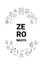 Vector logo design template concept zero waste with icons in trendy hand drawn style. recycling and reuse, reduction-ecological