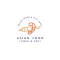 Vector logo design template and emblem or badge. Asian food - asain kebab with shrimp. Linear logos, gold and red color.