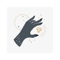 Vector logo design Template with a woman hand, moon, stars and Crystal.Magic and astrology concept