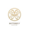 Vector logo or emblem with golden butterfly. Concept for luxury jewelry, accessories store, beauty spa salon, cosmetics.