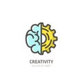 Vector logo icon, emblem with brain and gear cog. Concept for business startup, development, innovation, creativity. Royalty Free Stock Photo