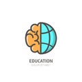 Vector logo icon with brain and globe. Flat linear illustration. Design concept for business, education, creativity. Royalty Free Stock Photo