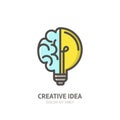 Vector logo icon, emblem with brain and light bulb. Abstract flat linear illustration. Royalty Free Stock Photo