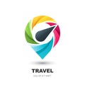 Vector logo icon with compass pin map. Geo point location marker. Concept for vacation, travel and tourism business.